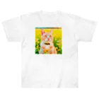 猫好きの谷の猫の水彩画/花畑のチャシロねこのイラスト/茶白ネコ Heavyweight T-Shirt