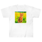 猫好きの谷の猫の水彩画/花畑のオシキャットねこのイラスト/キジトラネコ Heavyweight T-Shirt