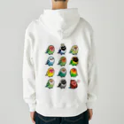 Cody the Lovebirdの（両面）表ブルーボタンインコ 背面ラブバード大集合 Heavyweight Zip Hoodie