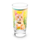 猫好きの谷の猫の水彩画/花畑のチャシロねこのイラスト/茶白ネコ Long Sized Water Glass :front