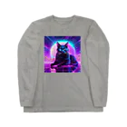 黒猫ファブリックのBlack Cat in The VaporWave World.(蒸気波世界のクロネコ) ロングスリーブTシャツ