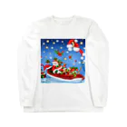 HirockDesignJapanの雪降るクリスマスイブにプレゼントを配達するサンタクロースとトナカイ Long Sleeve T-Shirt