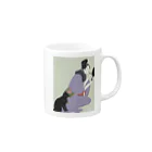 keeeeeep smilingの口紅を塗る女とスリスリする猫 Mug :right side of the handle