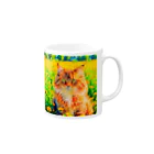 猫好きの谷の猫の水彩画/花畑のサイベリアンねこのイラスト/キジトラネコ Mug :right side of the handle