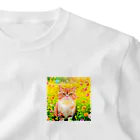 猫好きの谷の猫の水彩画/花畑のエキゾチックショートヘアねこのイラスト/茶トラネコ One Point T-Shirt