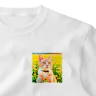 猫好きの谷の猫の水彩画/花畑のチャシロねこのイラスト/茶白ネコ One Point T-Shirt