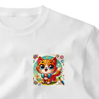 ラッキーマインあべむつきのふんわりキュート！このお茶目な猫のキャラクタ ワンポイントTシャツ