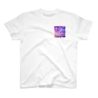 chan-takehaniの夕暮れの湖と幻想的な花火 ワンポイントTシャツ