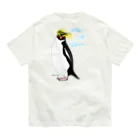 LalaHangeulの風に吹かれるイワトビペンギンさん(ハングルバージョン)　バックプリント オーガニックコットンTシャツ