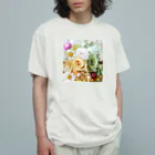 meke flowersのレモンイエローとアップルグリーン　ローズシリーズ オーガニックコットンTシャツ