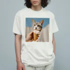 猫雑貨屋　ねこまろのアイスにかぶりつく猫 オーガニックコットンTシャツ