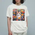 FLOWERアニマルのロココFLOWERキャットコスモス オーガニックコットンTシャツ