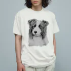 greetenのボーダーコリー　アート犬モノクロ オーガニックコットンTシャツ