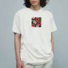 オンラインショップイエローリーフの赤色の花ハイビスカス オーガニックコットンTシャツ