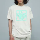 鳴くよメジロのネオンブルー双喜紋デカ オーガニックコットンTシャツ