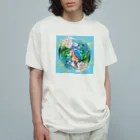 NORIMA'S SHOP のかわいいカワセミとピンクストックのフラワーアレンジメント オーガニックコットンTシャツ