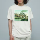マキバドリの蒸気機関車と遊園地（ブルーグリーン） オーガニックコットンTシャツ