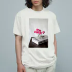 写真プリントのピンクの花 オーガニックコットンTシャツ