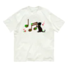 little lion house公式ショップ（大人のためのねこ）の幸運の黒猫とクローバーと音楽を奏でる オーガニックコットンTシャツ