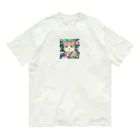 キュート＆クールのアニメ調・花畑の猫 オーガニックコットンTシャツ