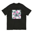 夕暮虫のニチニチソウスリッパネコ(お好み背景色) オーガニックコットンTシャツ