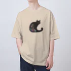 小鳥と映画館のクロネコ 水彩 オーバーサイズTシャツ
