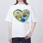  @Petrykivka Japan       💙  💛   ウクライナ伝統画法のペトリキウカハート、大（リボン)  オーバーサイズTシャツ