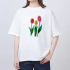 ぴーひゃら食べもの水彩画のチューリップ水彩画 オーバーサイズTシャツ