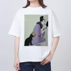 keeeeeep smilingの口紅を塗る女とスリスリする猫 オーバーサイズTシャツ