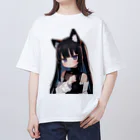 ケモ耳美少女キツネちゃん（AIart）の長い黒髪の愛らしい獣耳の少女 オーバーサイズTシャツ