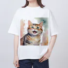 癒しの場｜Healing Placeの癒される幸せそうな猫の水彩画　A soothing and happy cat watercolor painting. オーバーサイズTシャツ