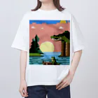 あったらいいなのドット絵のワニと湖畔の月 オーバーサイズTシャツ