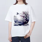 raio-nの白背景の和風夜景 - 月と梅と鶴 オーバーサイズTシャツ