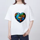 KULIEITAの地球の日　Earth day 地球　ハート　ブルー オーバーサイズTシャツ