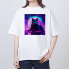 黒猫ファブリックのBlack Cat in The VaporWave World.(蒸気波世界のクロネコ) オーバーサイズTシャツ