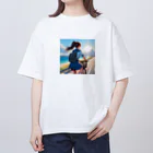 ふりむいての海岸沿いの風、自転車を漕ぐ女の子 オーバーサイズTシャツ