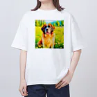 犬好きのしましまの水彩画の犬 花畑のセントバーナードのイラスト Oversized T-Shirt