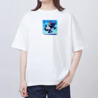 キュート＆クールのハイキック空手家クロネコ君 オーバーサイズTシャツ