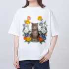 MIdesignの花と猫 オーバーサイズTシャツ