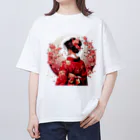 yuchijapanの桜を散らした着物美人イラスト オーバーサイズTシャツ