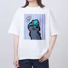 まつり猫ショップの青い帽子の猫 オーバーサイズTシャツ