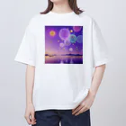 chan-takehaniの夕暮れの湖と幻想的な花火 オーバーサイズTシャツ