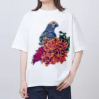 愉快なインコ達のヨウムと花 オーバーサイズTシャツ