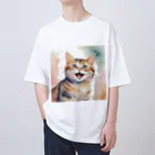 癒しの場｜Healing Placeの癒される幸せそうな猫の水彩画　A soothing and happy cat watercolor painting. オーバーサイズTシャツ