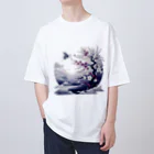 raio-nの白背景の和風夜景 - 月と梅と鶴 オーバーサイズTシャツ