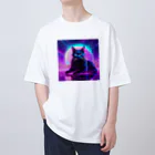 黒猫ファブリックのBlack Cat in The VaporWave World.(蒸気波世界のクロネコ) オーバーサイズTシャツ