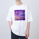 chan-takehaniの夕暮れの湖と幻想的な花火 オーバーサイズTシャツ