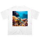 光るハイビスカスの珊瑚と亀 オーバーサイズTシャツ