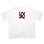 1123liliのサテンレッドの薔薇 オーバーサイズTシャツ