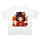 まんまるちゃんの狐娘とかわいい狐 オーバーサイズTシャツ